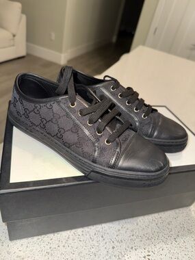 Gucci Black Low-Top Logo Canvas & Leather Sneakers